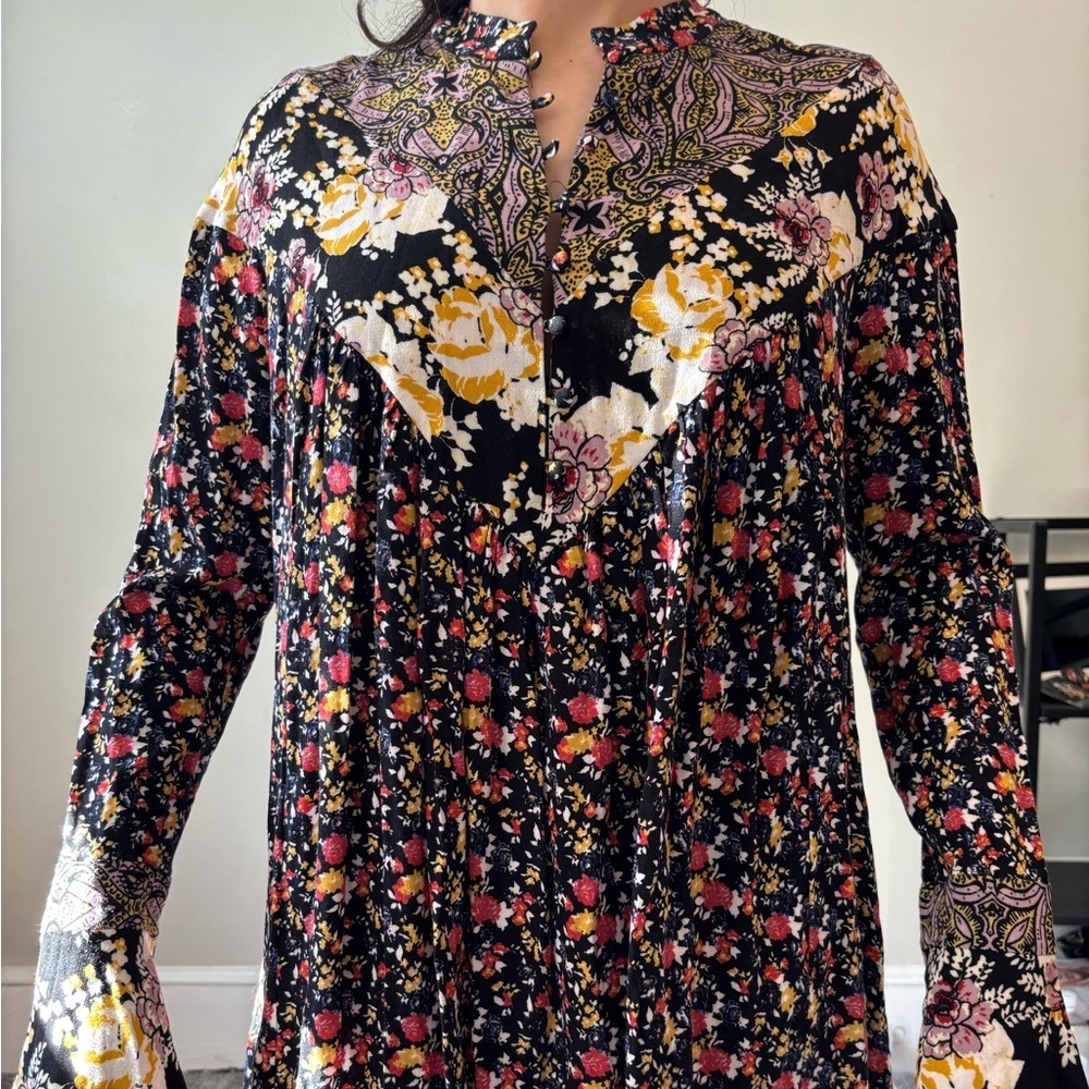 Cottagecore Free People Boho Asymmetrical Floral Fairy Black Mini Dress Small